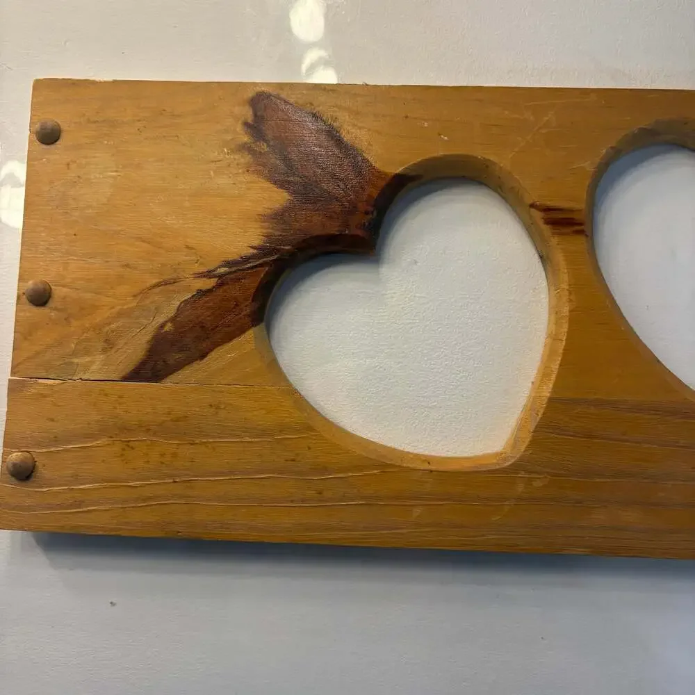 Vintage Rustic Pine Triple Heart Cutout Wall Decor Candle Holder or Shelf